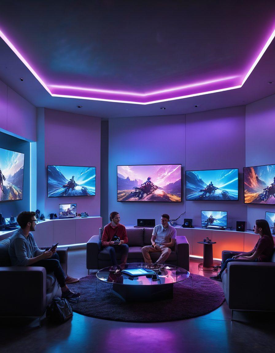 A futuristic living room with people engaging with holographic video platforms, showcasing vibrant interactive displays and immersive technology. Include a diverse group enjoying a thrilling gaming session, surrounded by colorful lights and high-tech gadgets. The atmosphere should convey excitement and innovation in entertainment. super-realistic. vibrant colors. white background.