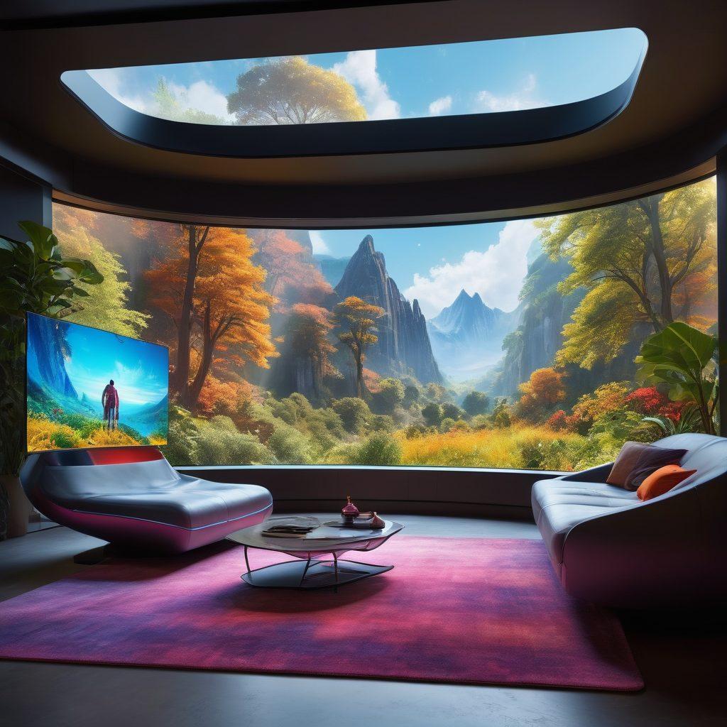 A futuristic living room showcasing advanced entertainment technology, with a sleek curved screen displaying vibrant holographic images of movies and games, interactive smart furniture, and ambient lighting that changes colors. A diverse group of people, smiling and engaged in immersive experiences with virtual reality headsets and robotic assistants. Include elements of nature through large windows with a view of a lush landscape merging with digital elements. super-realistic. vibrant colors. 3D.